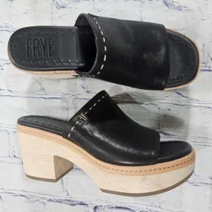 Frye WOMENS SZ 7.5 Hazel 2 Slide Platform Sandals Clog Black Leather Block Heels