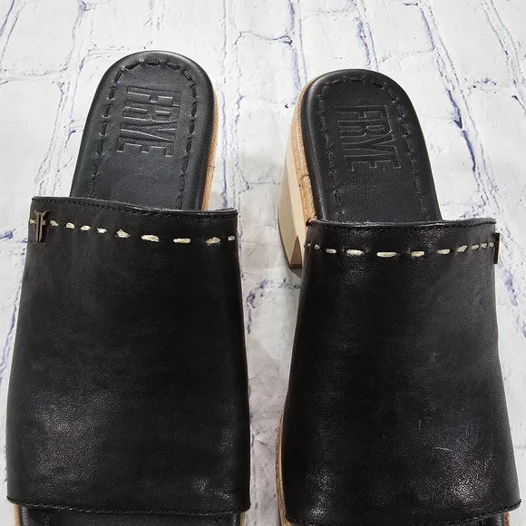 Frye WOMENS SZ 7.5 Hazel 2 Slide Platform Sandals Clog Black Leather Block Heels