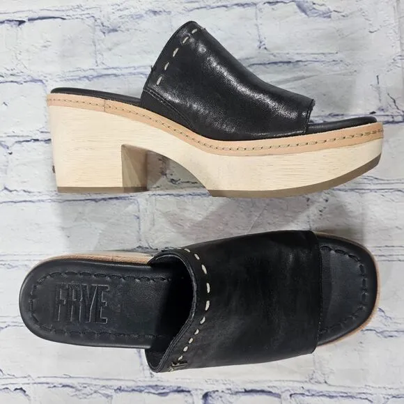 Frye WOMENS SZ 7.5 Hazel 2 Slide Platform Sandals Clog Black Leather Block Heels
