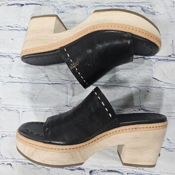 Frye WOMENS SZ 7.5 Hazel 2 Slide Platform Sandals Clog Black Leather Block Heels