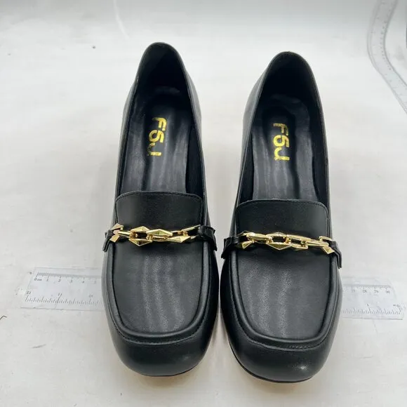 FSJ Women Chunky High Heels Loafers Square Closed Toe ,Gold Chain Black Pumps
