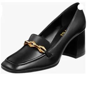 FSJ Women Chunky High Heels Loafers Square Closed Toe ,Gold Chain Black Pumps