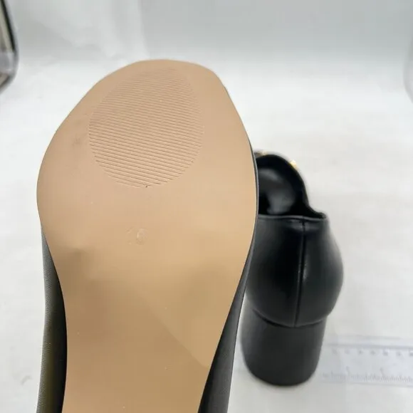 FSJ Women Chunky High Heels Loafers Square Closed Toe ,Gold Chain Black Pumps