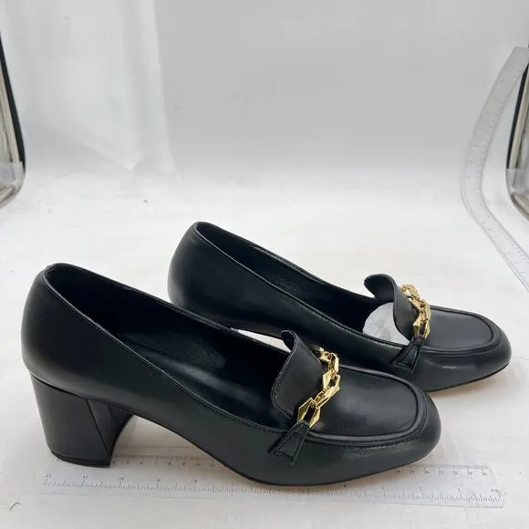 FSJ Women Chunky High Heels Loafers Square Closed Toe ,Gold Chain Black Pumps
