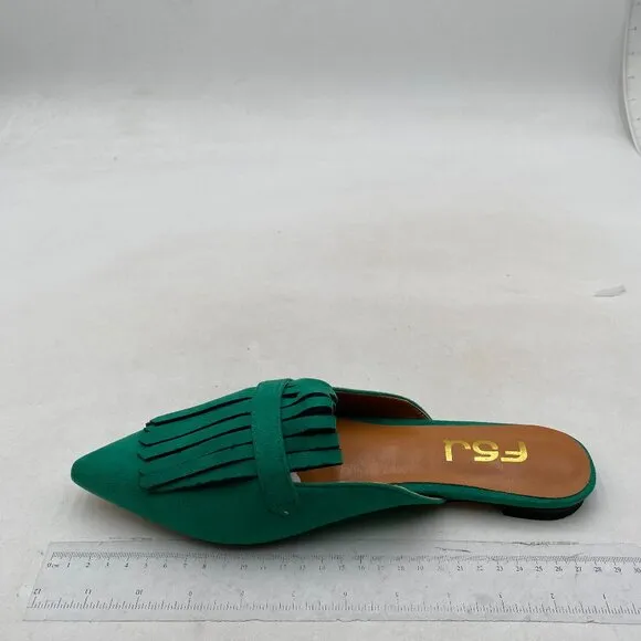 FSJ Womens Tassel Flat Mules Closed Pointed Toe, Loafers Backless Green Suede
