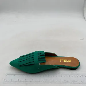 FSJ Womens Tassel Flat Mules Closed Pointed Toe, Loafers Backless Green Suede