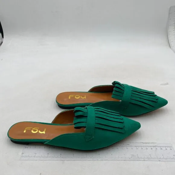 FSJ Womens Tassel Flat Mules Closed Pointed Toe, Loafers Backless Green Suede