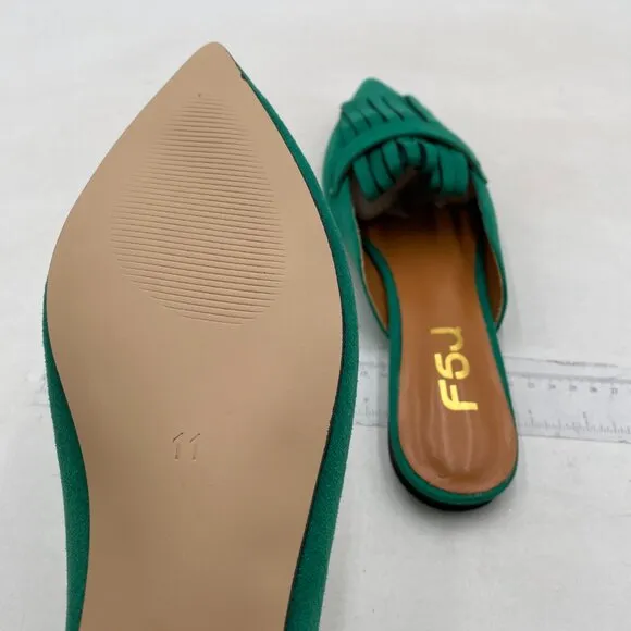 FSJ Womens Tassel Flat Mules Closed Pointed Toe, Loafers Backless Green Suede