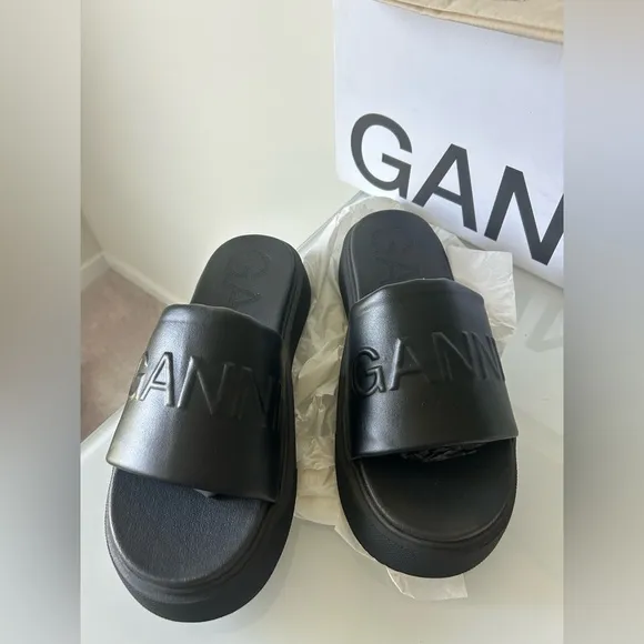 GANNI Black Embossed Logo Platform Sandals