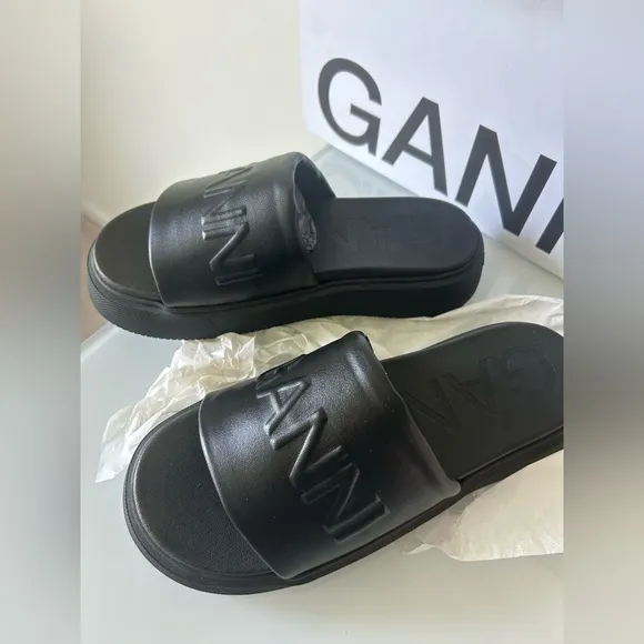 GANNI Black Embossed Logo Platform Sandals