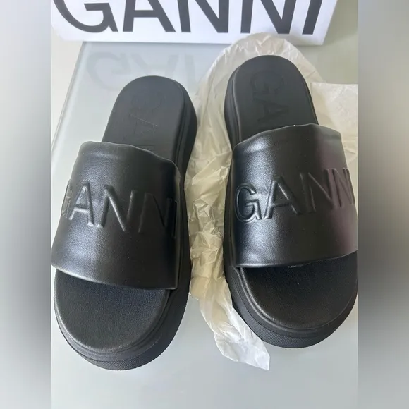 GANNI Black Embossed Logo Platform Sandals