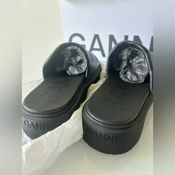 GANNI Black Embossed Logo Platform Sandals