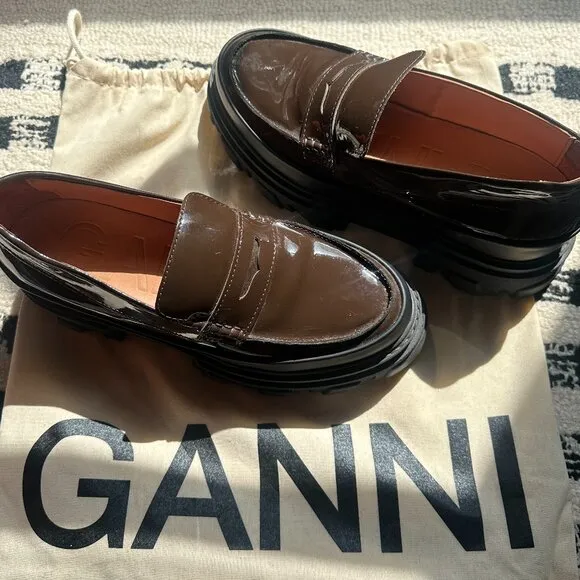 Ganni Brown Patent Leather Loafers