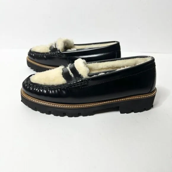 GH BASS Loafer Women 9.5 Black Leather Shearling Whitney Cozy Weejun Lug NEW
