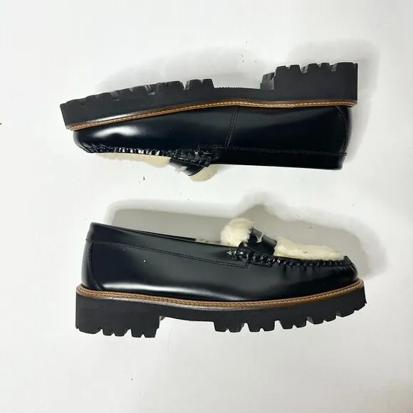 GH BASS Loafer Women 9.5 Black Leather Shearling Whitney Cozy Weejun Lug NEW