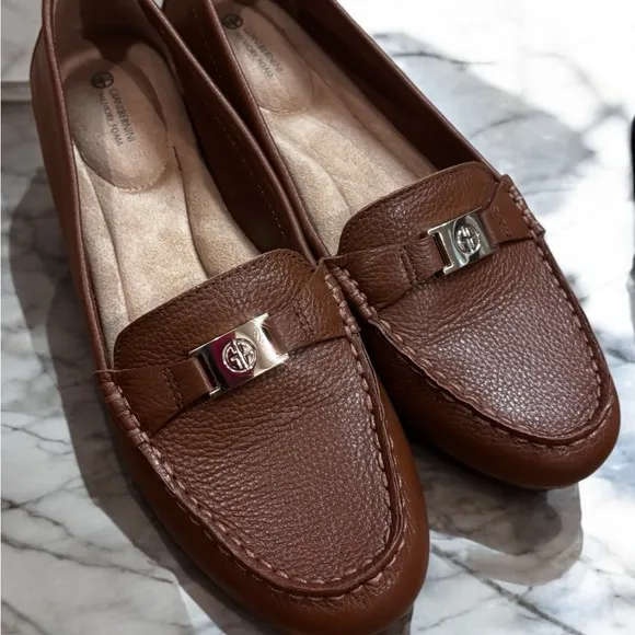 Gianni Bini Brown Loafers with Pebbled Leather and Metallic Accent