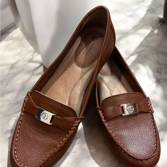 Gianni Bini Brown Loafers with Pebbled Leather and Metallic Accent