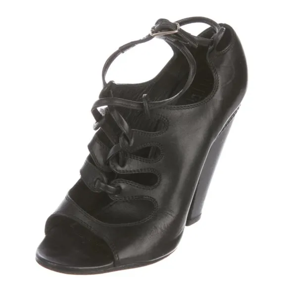 Givenchy Black Leather Peep Toe Lace Up Booties Boots Heels