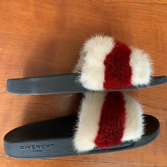Givenchy Red and White Mink Fur Slide Sandals Size 8 excellent condition