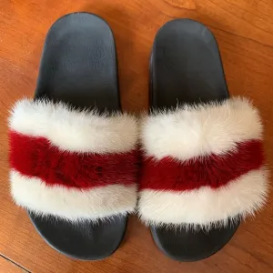 Givenchy Red and White Mink Fur Slide Sandals Size 8 excellent condition