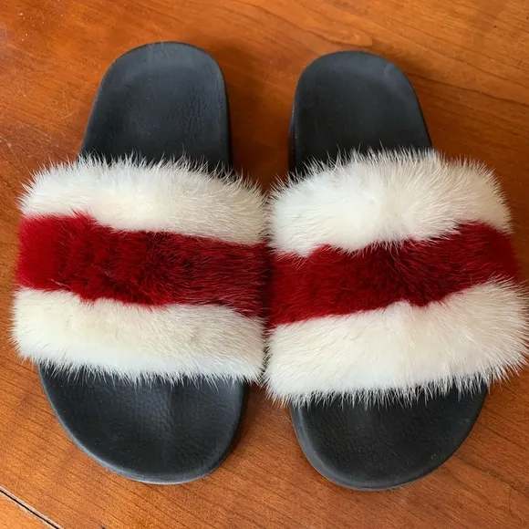 Givenchy Red and White Mink Fur Slide Sandals Size 8 excellent condition