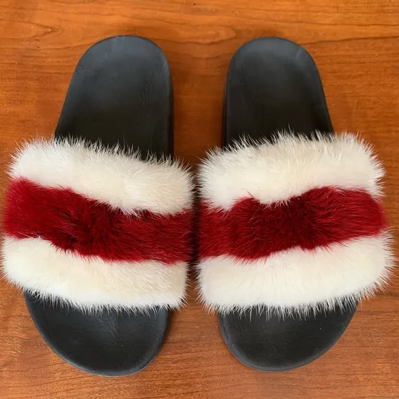 Givenchy Red and White Mink Fur Slide Sandals Size 8 excellent condition