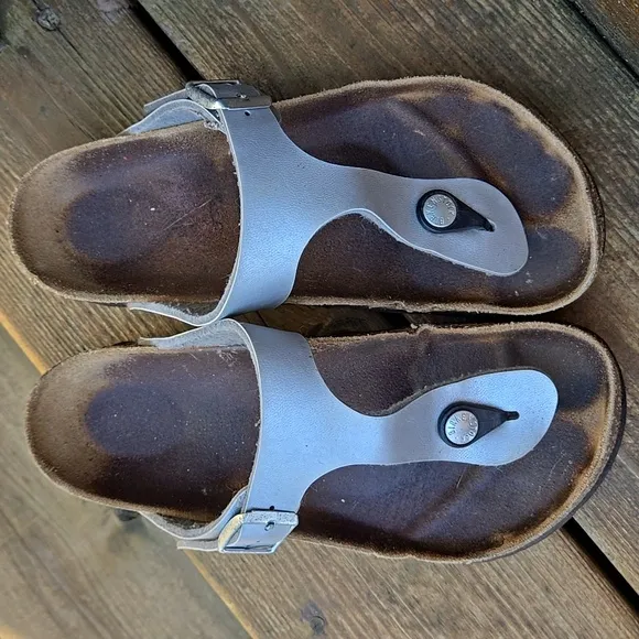 Gizeh Birko Flor Ice Pearl Onyx Silver Tone Leather Sandals Womens Girls 6.5 App