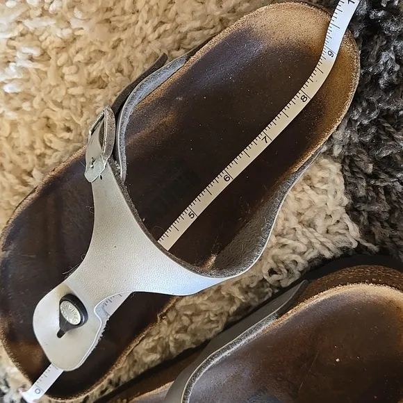 Gizeh Birko Flor Ice Pearl Onyx Silver Tone Leather Sandals Womens Girls 6.5 App