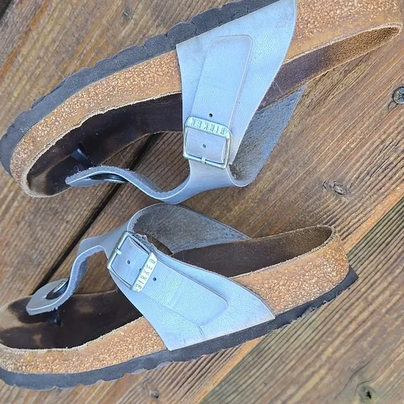 Gizeh Birko Flor Ice Pearl Onyx Silver Tone Leather Sandals Womens Girls 6.5 App