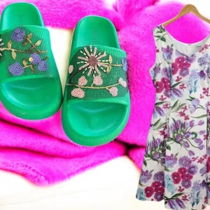 Green Embellished Slide Sandals