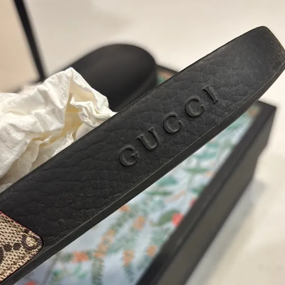 Gucci Black and Brown Slides with Floral Design