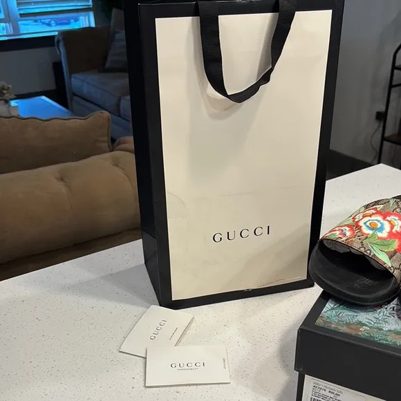 Gucci Black and Brown Slides with Floral Design