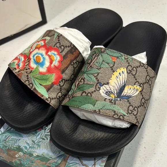 Gucci Black and Brown Slides with Floral Design