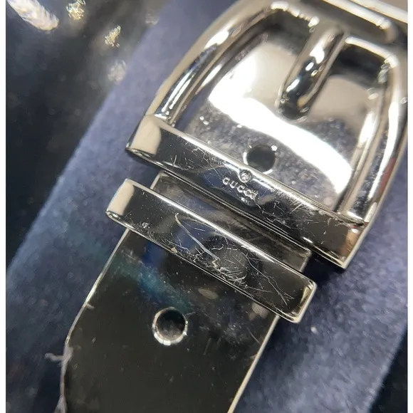 Gucci Black Patent Leather Silver Buckle Blue Accent Heels EU 36 C
