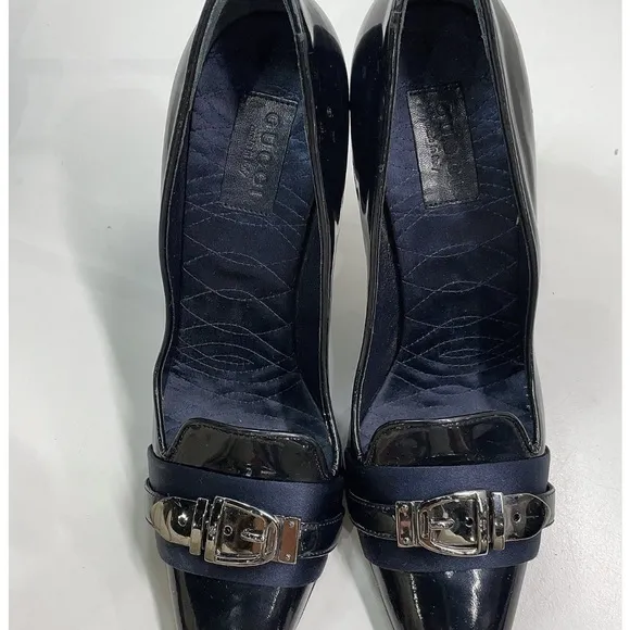 Gucci Black Patent Leather Silver Buckle Blue Accent Heels EU 36 C