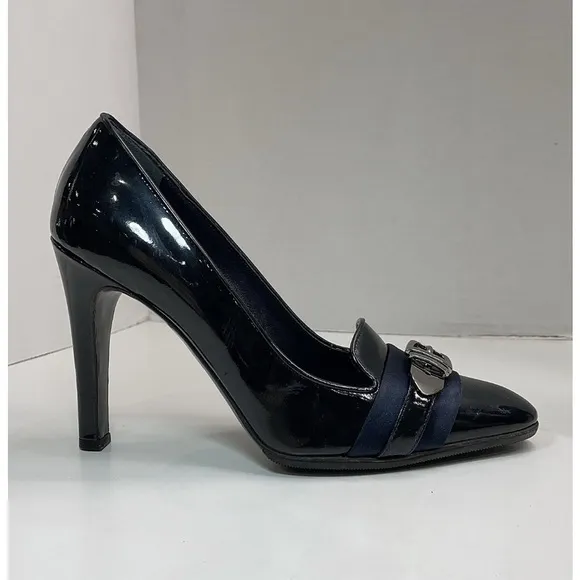 Gucci Black Patent Leather Silver Buckle Blue Accent Heels EU 36 C