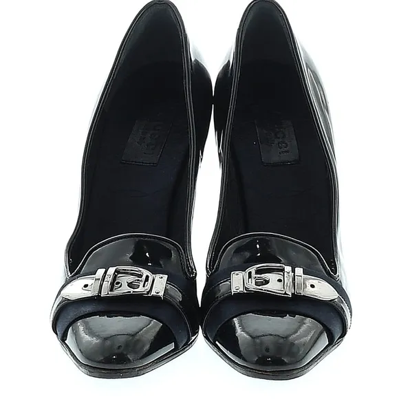 Gucci Black Patent Leather Silver Buckle Blue Accent Heels EU 36 C