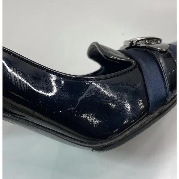 Gucci Black Patent Leather Silver Buckle Blue Accent Heels EU 36 C