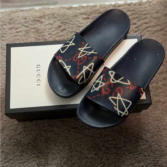 Gucci Black Slides with Red and Gold Pattern