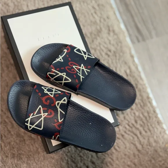 Gucci Black Slides with Red and Gold Pattern
