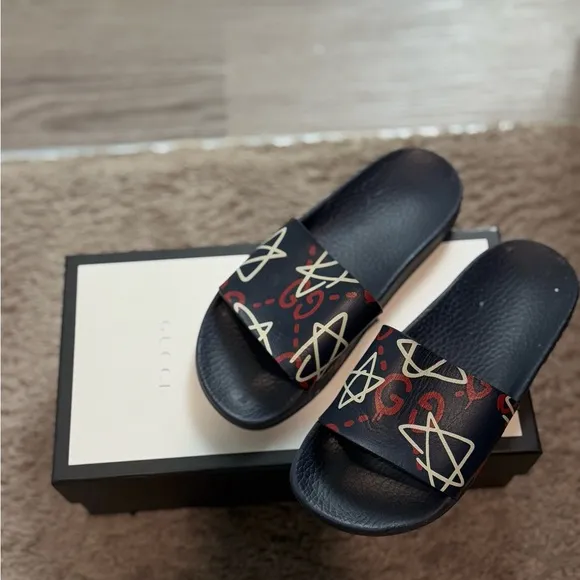 Gucci Black Slides with Red and Gold Pattern