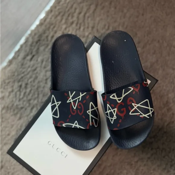 Gucci Black Slides with Red and Gold Pattern