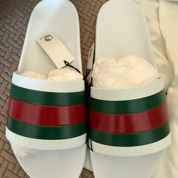 Gucci Men’s Signature White Slides with Red and Green Stripes Size 11 NIB w/dust