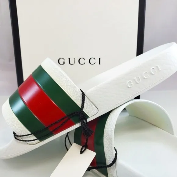 Gucci Men’s Signature White Slides with Red and Green Stripes Size 11 NIB w/dust