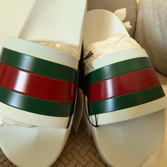 Gucci Men’s Signature White Slides with Red and Green Stripes Size 11 NIB w/dust