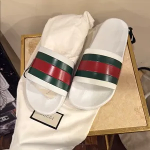 Gucci men’s White Slides with Red and Green Stripes