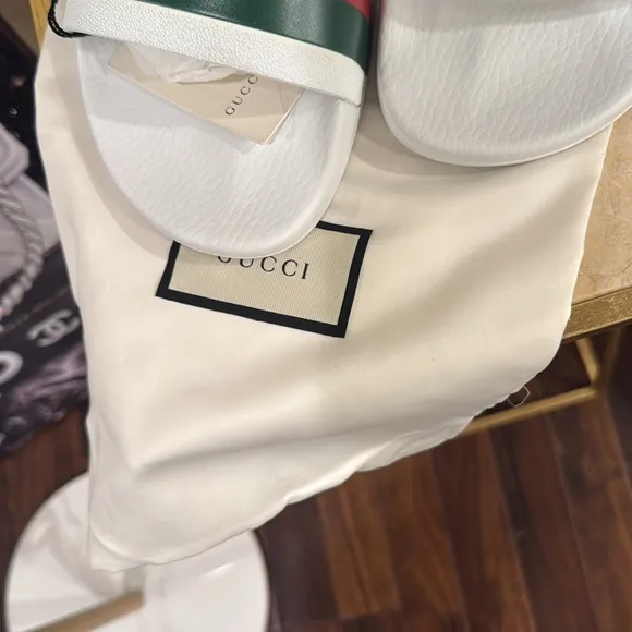 Gucci men’s White Slides with Red and Green Stripes