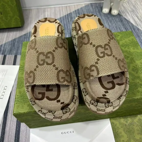 GUCCI Monogram Jumbo GG Brown Slide Sandals