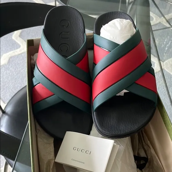 Gucci Red and Green Crisscross Slides with Box and Bags for each Slide