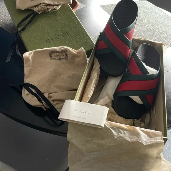 Gucci Red and Green Crisscross Slides with Box and Bags for each Slide